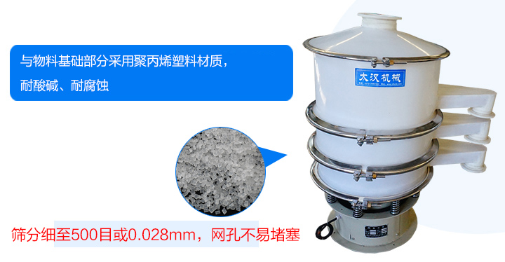 耐強(qiáng)酸、強(qiáng)堿腐蝕、物料不易變質(zhì)、不堵網(wǎng)、篩分效率高、使用壽命長(zhǎng)