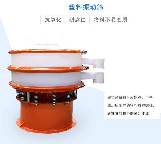 塑料振動篩是采用聚丙烯材料制成的，可以用于酸堿性，腐蝕性物料的篩分作業(yè)