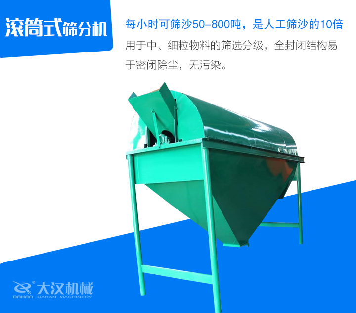 滾筒式篩分機用于中、細粒物料的篩選分級，全封閉結(jié)構(gòu)易 于密閉除塵，無污染。
