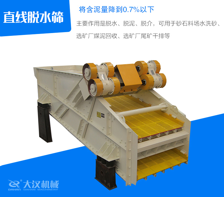 直線脫水篩主要作用是脫水、脫泥、脫介，可用于砂石料場水洗砂、 選礦廠煤泥回收、選礦廠尾礦干排等